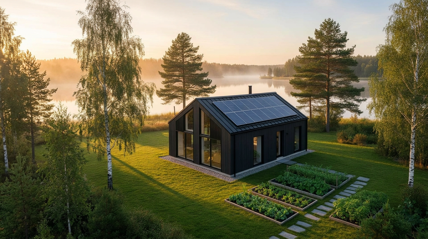 En skandinavisk fastighet renderad som en Living Twin med AI-insikter som svävar över den